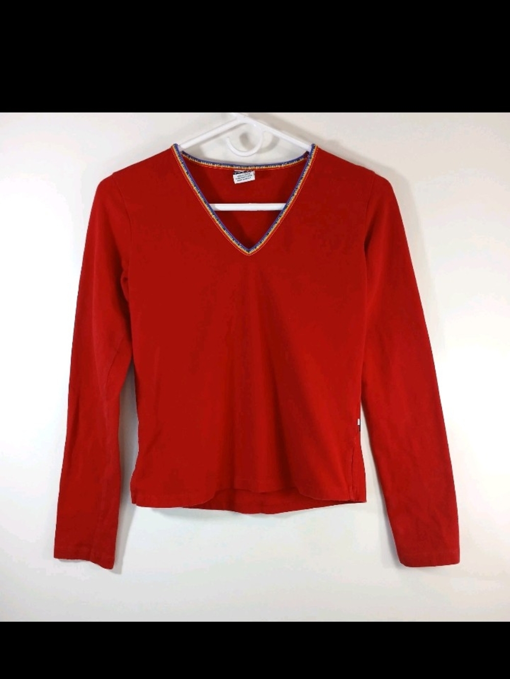 Vtg Tommy Hilfiger Red Long Sleeve V-Neck Top with Contrast Trim